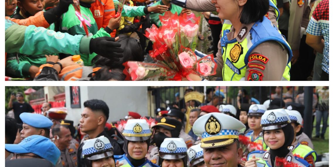 HUT ke-77, Polwan Polda Sumut Bagikan Bunga Sebagai Tanda Duka dan Kehangatan di Aksi Solidaritas Ojol