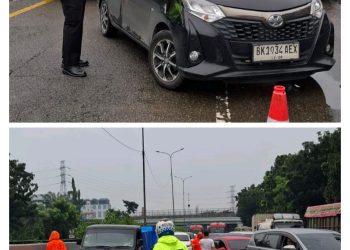 Sat Lantas Polres Pelabuhan Belawan Terapkan Contra Flow Akibat Banjir 1 Meter di Ruas Tol Arah Belawan