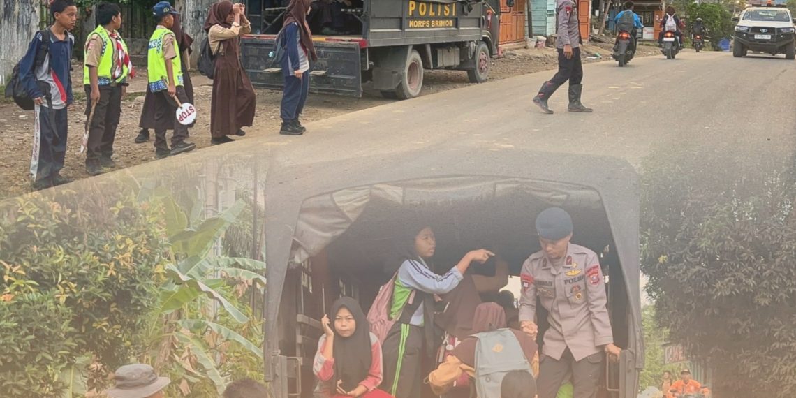 Brimob Sumut Antar Anak Sekolah di Garoga Pascabencana