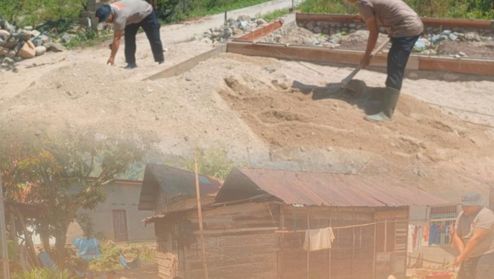 Gerimis Tak Surutkan Langkah Brimob Polda Sumut Bangun Hunian Warga Terdampak Banjir di Tapsel