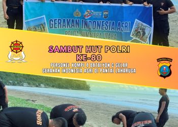 Sambut HUT Polri ke-80, Personel Kompi 4 Batalyon C Gelar Gerakan Indonesia Asri di Pantai Laharuga
