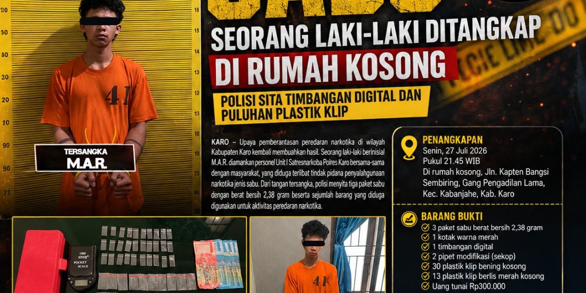 Diduga Edarkan Sabu, seorang laki-laki Ditangkap di Rumah Kosong, Polisi Sita Timbangan Digital dan Puluhan Plastik Klip