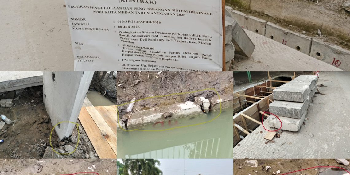UDitch Pecah dan Rompal di Proyek Drainase Jalan Baru-Jalan Andansari Kel. Terjun Rp. 6,9 Miliar, SDABMBK Medan dan Kontraktor Bungkam, LP3 : APH Cegah Kerugian Negara, Jangan Makan Gaji Buta